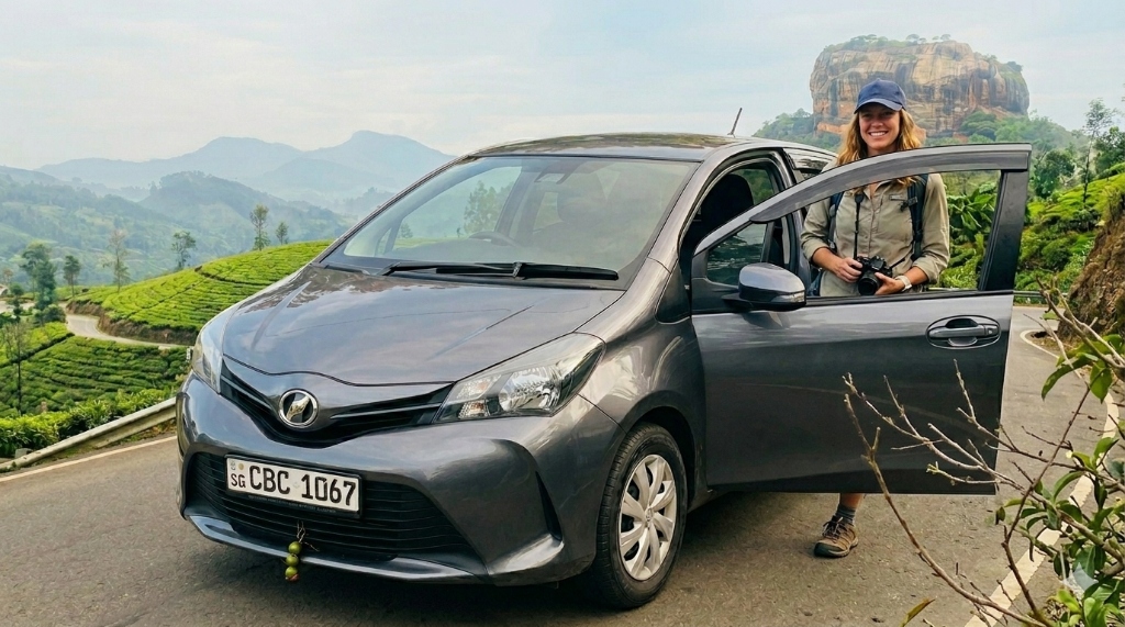 Gray Toyota Vitz in Sri Lanka with Sigiriya Rock - CeylonVista Travels